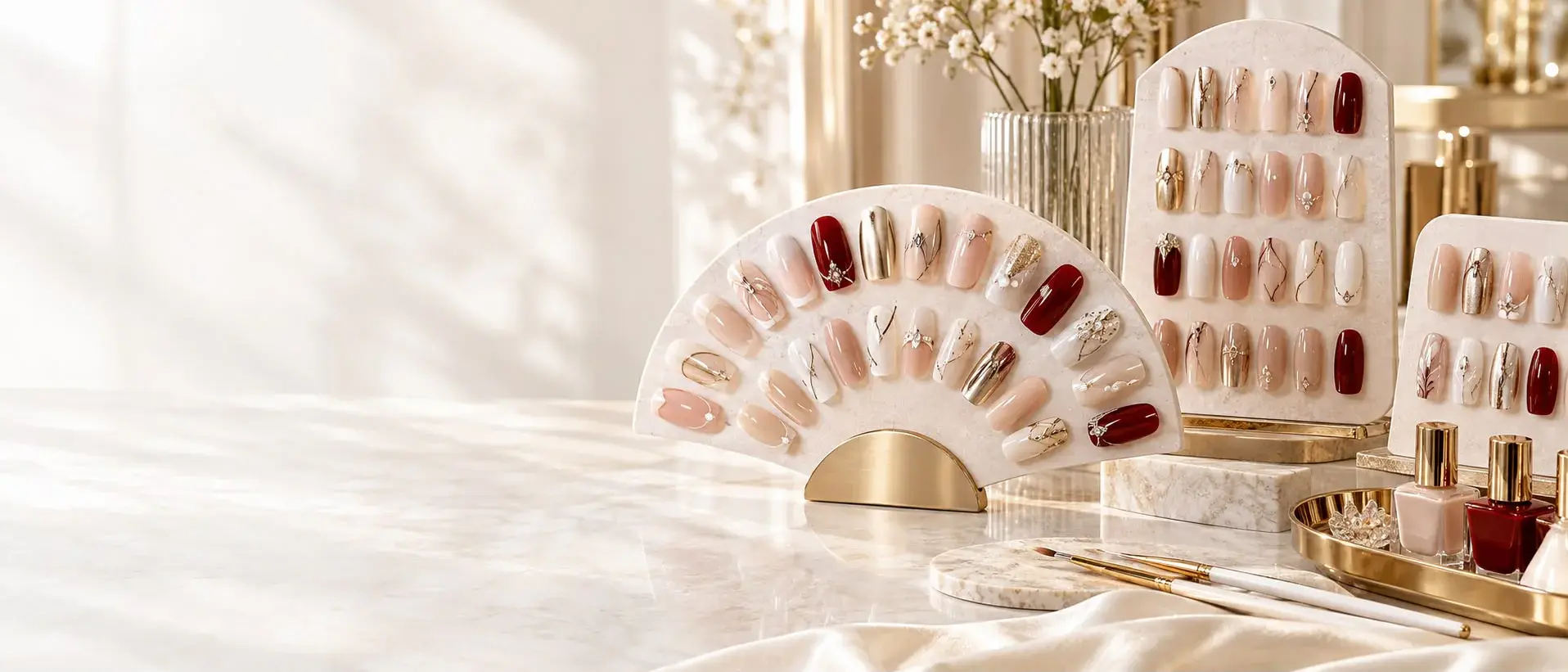 Farklı renk ve detaylarda nail art tasarımlarının sergilendiği panolar