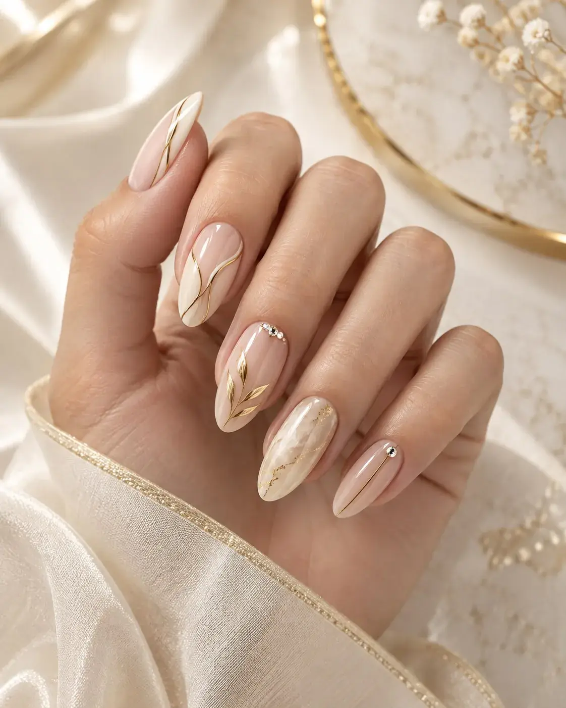 Altın çizgi ve taş detaylı zarif nail art tasarımı