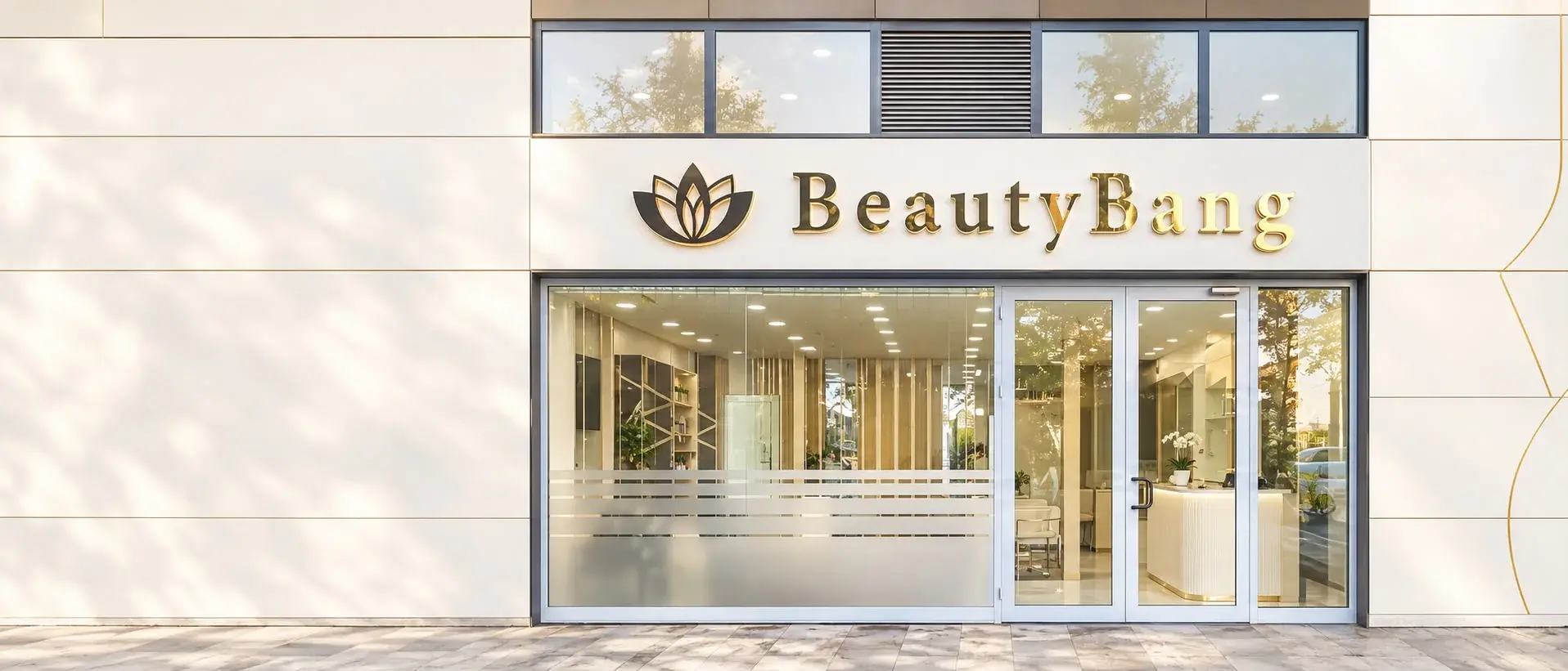 Beauty Bang mağazasının altın tabelalı cam cepheli girişi